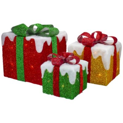 Northlight Set Of 3 Led Lighted Green Gold And Red Snowy Gift Boxes Outdoor Christmas Decorations