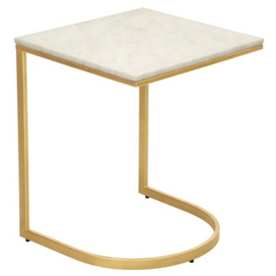 Contemporary Home Living 24"" Gold And White C-Shaped Accent Table With Marble Top