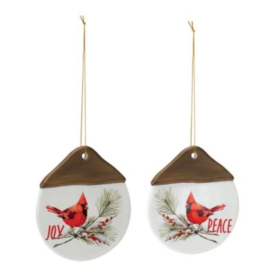 Melrose Set Of 12 White And Brown Cardinal Pine ""joy"" And ""peace"" Christmas Ornament 4.50