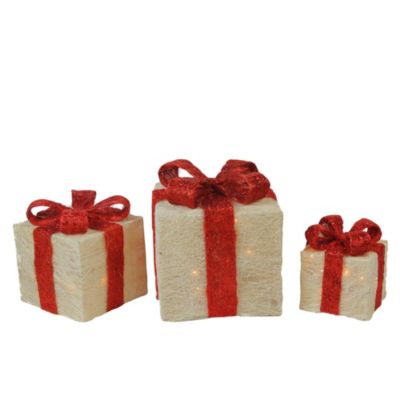 Northlight Set Of 3 Cream Sisal Lighted Gift Boxes With Red Bows Outdoor Christmas Decorations