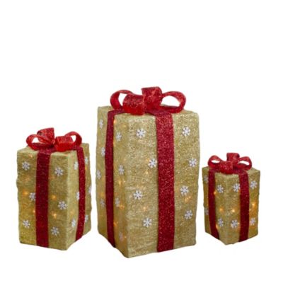 Northlight Set Of 3 Lighted Tall Gold Sisal Gift Boxes With Red Bows Christmas Outdoor Decor 18