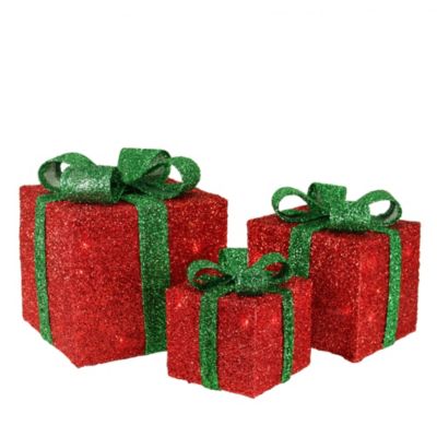 Northlight Set Of 3 Lighted Red And Green Tinsel Gift Boxes With Bows Christmas Outdoor Decorations 10
