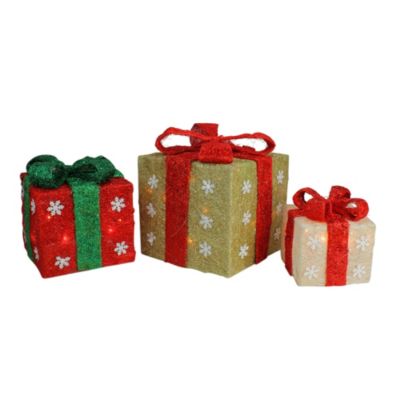 Northlight Set Of 3 Lighted Gold Green & Cream Sisal Gift Boxes Christmas Outdoor Decorations