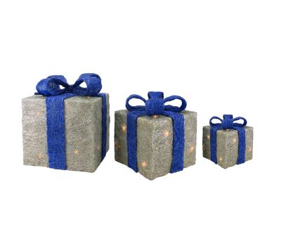 Northlight Set Of 3 Silver And Blue Lighted Gift Boxes Outdoor Christmas Decor