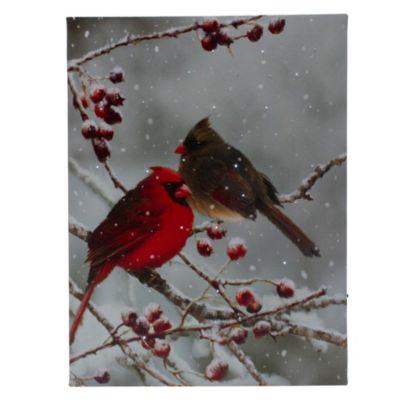 Northlight Lighted Red Cardinals And Berries Christmas Canvas Wall Art 15.75"" X 11.75