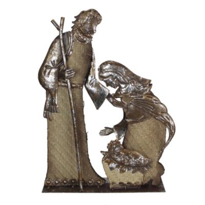 Melrose 17"" Rustic Metal Holy Family Nativity Scene With A Burlap Design Christmas Table Top Decoration