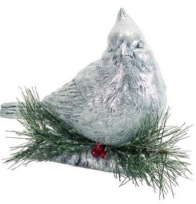Diva At Home 8.75"" Gray And Green Cardinal Perched On Log With Pine Cones/berries Christmas Decoration -  093422332774
