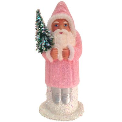 Alexander Taron 6.25"" Pink And White Unique Santa Rose Coat With Glitter Schaller Paper Mache Candy Container