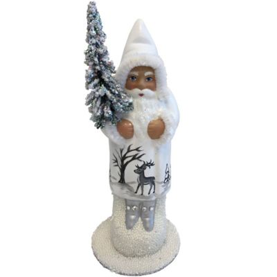 Alexander Taron 6"" Vibrant Unique White Santa With Reindeer Scene Schaller Paper Mache Candy Container