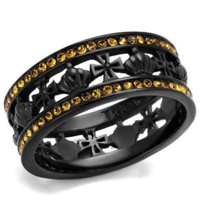 Luxe Jewelry Designs Women's Ip Black Stainless Steel Cross Shaped Ring With Yellow Topaz Crystals - Size 5