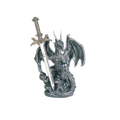 Fc Design 5""h Medieval Silver Dragon Holding Blue Gemstone And Sword Guardian Statue Fantasy Decoration Figurine