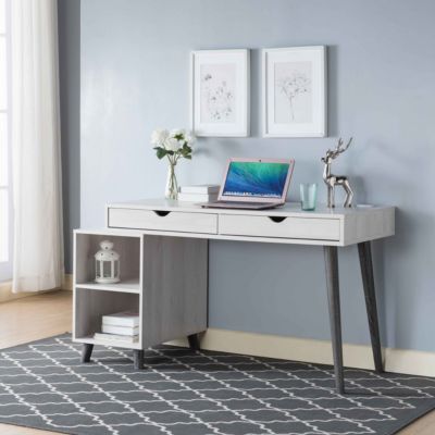 Fc Design 55""w Usb Writing Desk With 2 Drawers And Open Shelves Storage Cabinet In White Oak & Distressed Grey Finish
