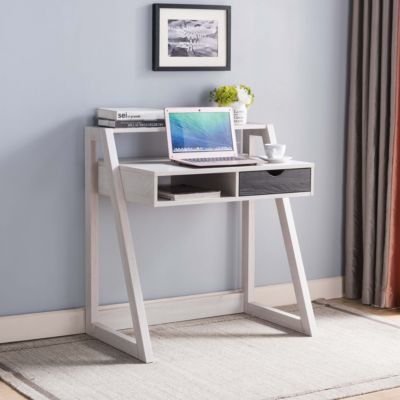 Fc Design Two-Tone Home Office Writing Desk 34""w Space-Saving Laptop Table With Built-In Outlet And Usb Ports In White Oak & Distressed Gray Finish