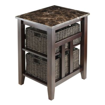 Slickblue Zoey Accent Table With 2 Foldable Corn Husk Baskets, Faux Marble Top, Chocolate And Walnut