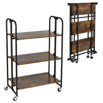 Slickblue Folding Kitchen Utility Serving Island Cart With Storage Shelves-Rustic Brown