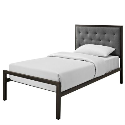 Slickblue Twin Size Metal Platform Bed With Gray Fabric Button Tufted Upholstered Headboard