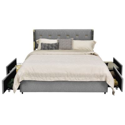 Slickblue Queen Size Grey/gold Linen Headboard 4 Drawer Storage Platform Bed