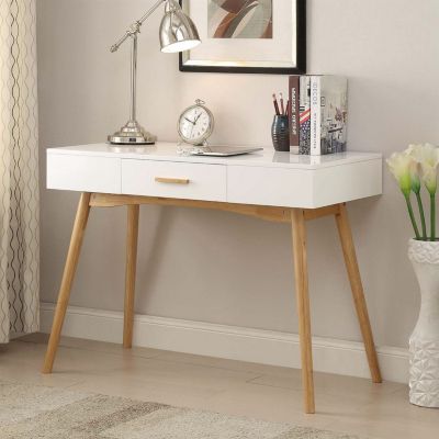 Slickblue Modern Laptop Writing Desk In White With Natural Mid-Century Style Legs