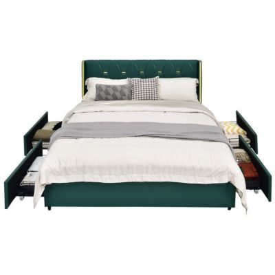 Slickblue Queen Size Green/gold Linen Headboard 4 Drawer Storage Platform Bed