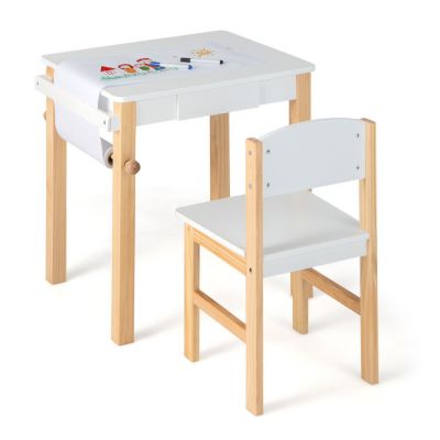 Slickblue Kids Art Table And Chair Set With Drawer Paper Roll And 2 Markers-White