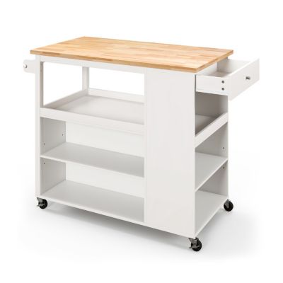 Slickblue Kitchen Island Trolley Cart On Wheels With Storage Open Shelves And Drawer-White