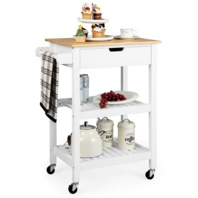 Slickblue 3-Tier Kitchen Island Cart Rolling Service Trolley With Bamboo Top