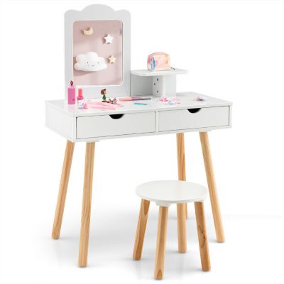 Slickblue Kid Vanity Table Chair Set With Mirror And 2 Large Storage Drawers-White