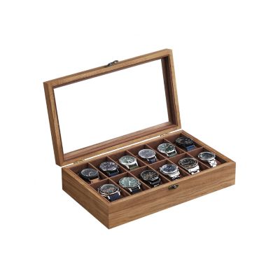 Slickblue 12-Slot Wood Watch Box - Watch Case With Large Glass Lid With Removable Pillows, Rustic Walnut