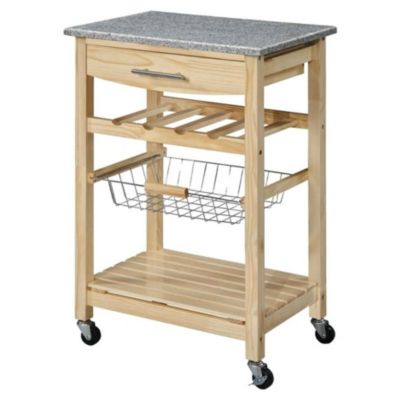 Slickblue Natural Wood Finish Kitchen Island Cart With Granite Top