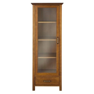 Slickblue Oak Finish Linen Tower Glass Door Bathroom Storage Cabinet W/ Drawer, Brown -  788281792431