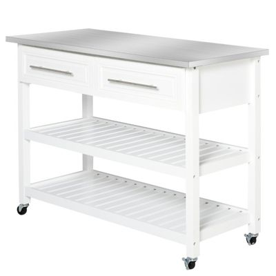 Slickblue White Rolling Kitchen Island 2 Drawers Storage With Stainless Steel Top