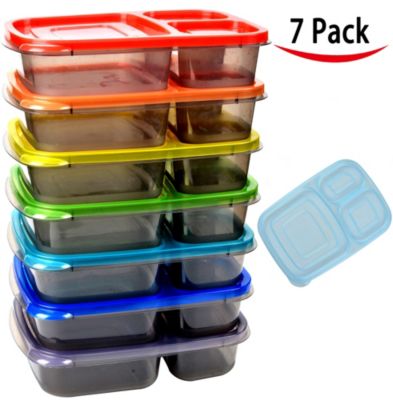 Youngever 7 Pack Bento Lunch Box, Meal Prep Containers, Reusable 3  Compartment Plastic Divided Food Storage Container Boxes
