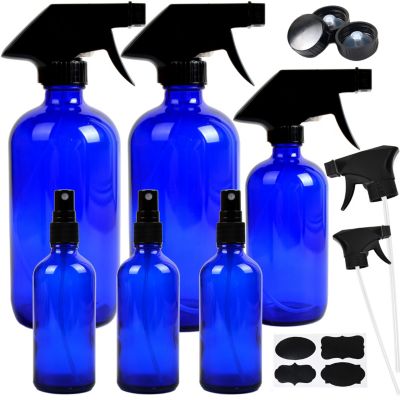 Youngever 6 Pack Empty Cobalt Blue Glass Spray Bottles Refillable Containers, 16 Oz 8 Oz 4 Oz Spray Bottles For Essential Oils, Cleaning Products