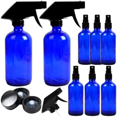 Youngever 8 Pack Empty Cobalt Blue Glass Spray Bottles, 2 Pack 8 Ounce And 6 Pack 4 Ounce Refillable Containers For Essential Oils, Durable Black