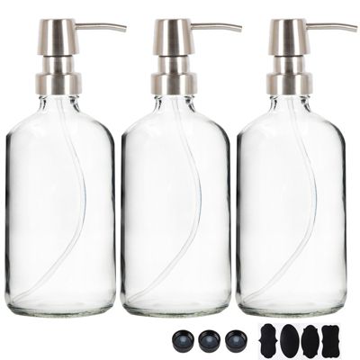 Youngever 3 Pack 16 Ounce Clear Glass Boston Round Bottles With Stainless Steel Pumps, Glass Soap Dispensers With Extra Labels And Lids, Great For
