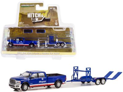 Carfaxo 2020 Ram 2500 Laramie Pickup Truck Blue With Red And White Stripes ""mopar"" And Tandem Car Trailer ""hitch & Tow"" Series 25 1/64 Diecast Model
