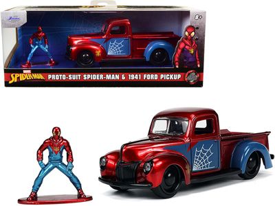 Carfaxo 1941 Ford Pickup Truck Candy Red And Blue And Proto-Suit Spider-Man Diecast Figurine ""marvel"" Series ""hollywood Rides"" Series 1/32 Diecast