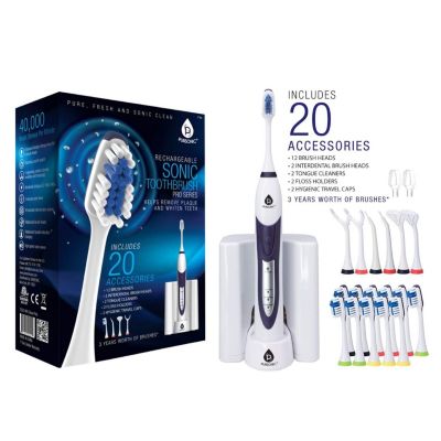 Pursonic Ultra High Powered Sonic Electric Toothbrush With Dock Charger, 12 Brush Heads & More! (Value Pack)
