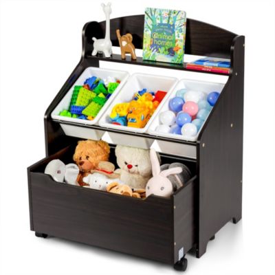 Stock Preferred Kids Wooden Toy Storage Unit Organizer With Box & Plastic Bins Espresso