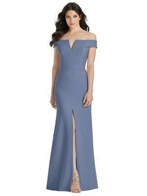 Dessy Collection Women's Off-The-Shoulder Notch Trumpet Gown With Front Slit