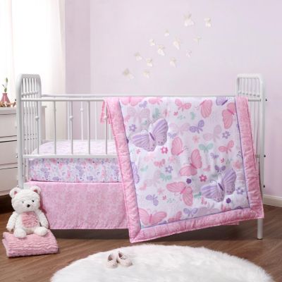 The Peanutshell Pink And Purple Butterfly Song Crib Bedding Set For Baby Girls, 3 Piece Nursery Set