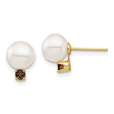 Belk & Co 1/5 Ct. T.w. Smokey Quartz And 7-7.5Mm White Round Freshwater Cultured Pearl Post Earrings In 14K Yellow Gold
