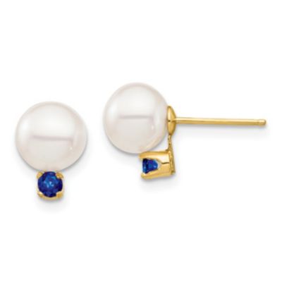 Belk & Co 1/5 Ct. T.w. Sapphire And 7-7.5Mm White Round Freshwater Cultured Pearl Post Earrings In 14K Yellow Gold
