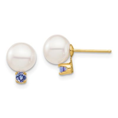 Belk & Co 1/8 Ct. T.w. Tanzanite And 7-7.5Mm White Round Freshwater Cultured Pearl Post Earrings In 14K Yellow Gold