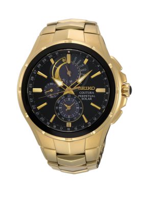 Seiko Gold Perpetual Solar Coutura Chronograph Watch With Black Dial | belk