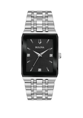 Bulova Men's Silver Tone Stainless Steel Quadra Diamond Dial Watch