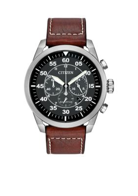 Citizen Men's Eco-Drive Avion Stainless Steel And Brown Leather Watch
