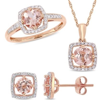 Belk & Co Morganite And 1/3 Ct Tw Diamond Square Halo Stud Earrings, Pendant With Chain And Ring Set In 10K Rose Gold