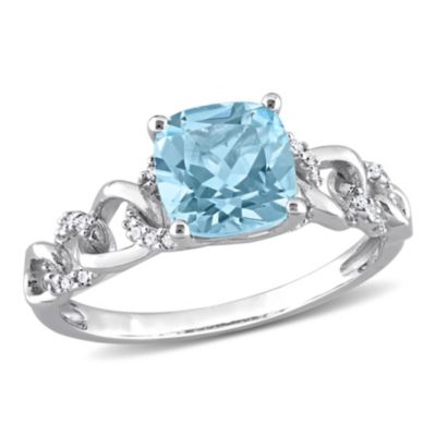 Belk & Co Cushion Sky Blue Topaz And 1/10 Ct Tw Diamond Link Ring In 10K White Gold