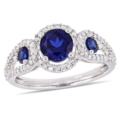 Belk & Co 1.29 Ct. T.g.w. Created Blue Sapphire And 1/3 Ct. T.w. Diamond 3-Stone Ring In 10K White Gold